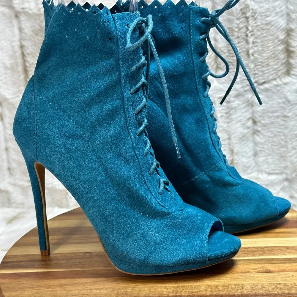 * So Me Teal Lace Up High Heel Ankle Boots - Picture 5 of 9